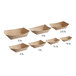 A row of brown Bagcraft Packaging paper trays with a curved edge.