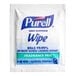 A white Purell package with blue and green text for Purell Hand Sanitizing Wipes.