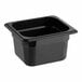 A black Cambro 1/6 size plastic food pan with a lid.