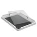 A white rectangular box with a clear glass cover containing an Aarco Satin Aluminum Snap Frame.