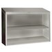 A stainless steel wall cabinet with open shelves.