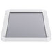 An Aarco satin aluminum sign frame with round corners holding a white rectangular sign.