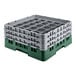 A green and gray plastic Cambro glass rack with six trays in it.
