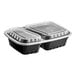 A black Choice rectangular plastic microwavable container with two compartments and clear lids.