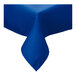 A royal blue rectangular poly/cotton blend tablecloth with a corner folded over.
