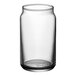 A close-up of a clear Libbey glass with a black rim.