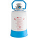 A white plastic cylinder with a blue lid and handle.
