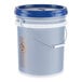 A 5-gallon plastic pail with a blue lid and metal handle, containing concentrated liquid dish soap.