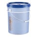 A large blue plastic 5-gallon bucket with a blue lid and white handle, used for holding concentrated liquid dish soap.
