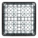 A black plastic Noble Products glass rack with white grids.