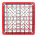 A gray plastic rack with red extenders and grids on it.