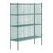 A Regency green wire security shelving unit with four shelves.