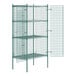 A Regency green wire security cage unit with shelves and an open door.