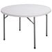 A gray granite Correll round folding table with metal legs.