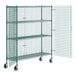 A green Regency wire security shelving unit with wheels.