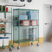 A green Regency wire security cage kit on wheels with shelves and a door.