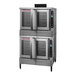 A close-up of a stainless steel Blodgett double deck convection oven with two glass doors.