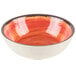 A Carlisle melamine bowl with a white surface and a red and black rim with stripes in red and white.