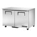 A silver True TUC-48-HC undercounter refrigerator on wheels.