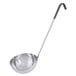 A Vollrath stainless steel ladle with a black handle.