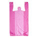 A purple plastic t-shirt bag with handles.