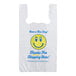 A white plastic Choice T-shirt bag with a smiley face.