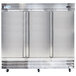 An Avantco stainless steel grille on a white refrigerator.