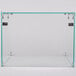 A clear glass straight sneeze guard with metal handles.