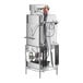 A stainless steel Noble Warewashing tall door type dishwasher with wires and a hose attached.