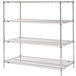 A Metro Super Erecta chrome wire shelving unit with three shelves.