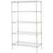 A Metro chrome wire shelving unit with four shelves.