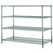 A Metroseal 3 metal shelving unit with three shelves.