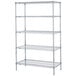 A Metro Super Erecta chrome wire shelving unit with four shelves.