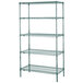 A Metroseal 3 metal wire shelving unit with four shelves.