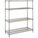 A Metroseal 3 stationary metal shelving unit with three shelves.