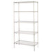 A Metro Super Erecta chrome wire shelving unit with four metal shelves.