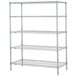 A Metro Super Erecta chrome wire shelving unit with four shelves.