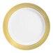 A white plastic plate with a gold lattice design around the rim.