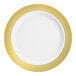 A white plastic plate with a gold lattice design around the rim.