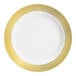 A white plastic plate with a gold lattice design around the rim.