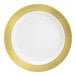 A white plastic plate with a gold lattice design around the rim.
