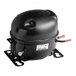 A black air compressor with a white label and wires attached.