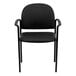 A Flash Furniture black vinyl stackable side chair with arms on a metal frame.