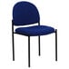 A navy fabric stackable side chair with black legs.