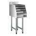 A five-tiered stainless steel liquor display rack with four legs and a 23-inch depth.