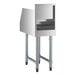 A five-tiered stainless steel liquor display rack with four metal legs and a 23-inch deep design.