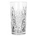 A clear glass cooler with an intricate cut-glass pattern.