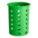 A lime green perforated plastic flatware cylinder.