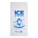 A clear plastic ice bag with a blue 'ICE' print and a cartoon penguin design, designed to hold up to 50 pounds.