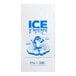 A clear plastic ice bag with a blue 'ICE' print and a cartoon penguin design, designed to hold up to 25 pounds.